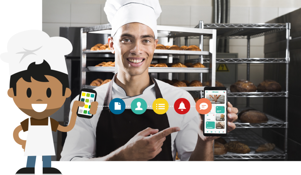 Hotel and catering employees with mobile social intranet on smartphone - tablet